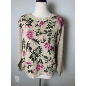 Chrysantheme Vintage 90s Hand Knitted Floral Sweater Ramie Cotton Pink Beige M